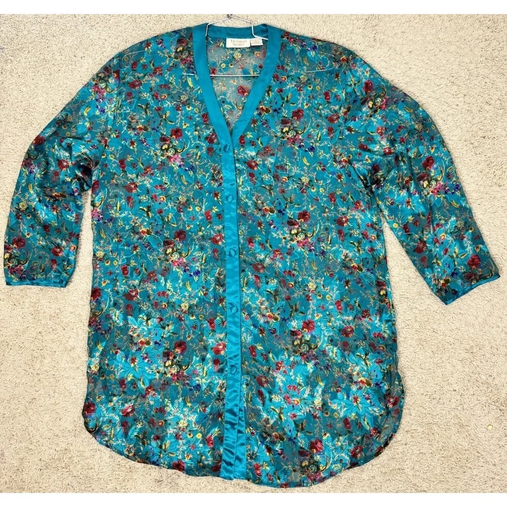 VTG Victoria's Secret Sexy Sheer Turquoise Floral Satin Button Up Nightgown M/L - Picture 2 of 8